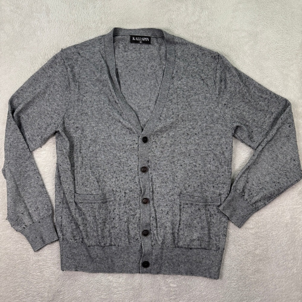 VTG Kallspin Mens Medium Gray Cardigan Sweater Knit V Neck Button Front Pockets‎